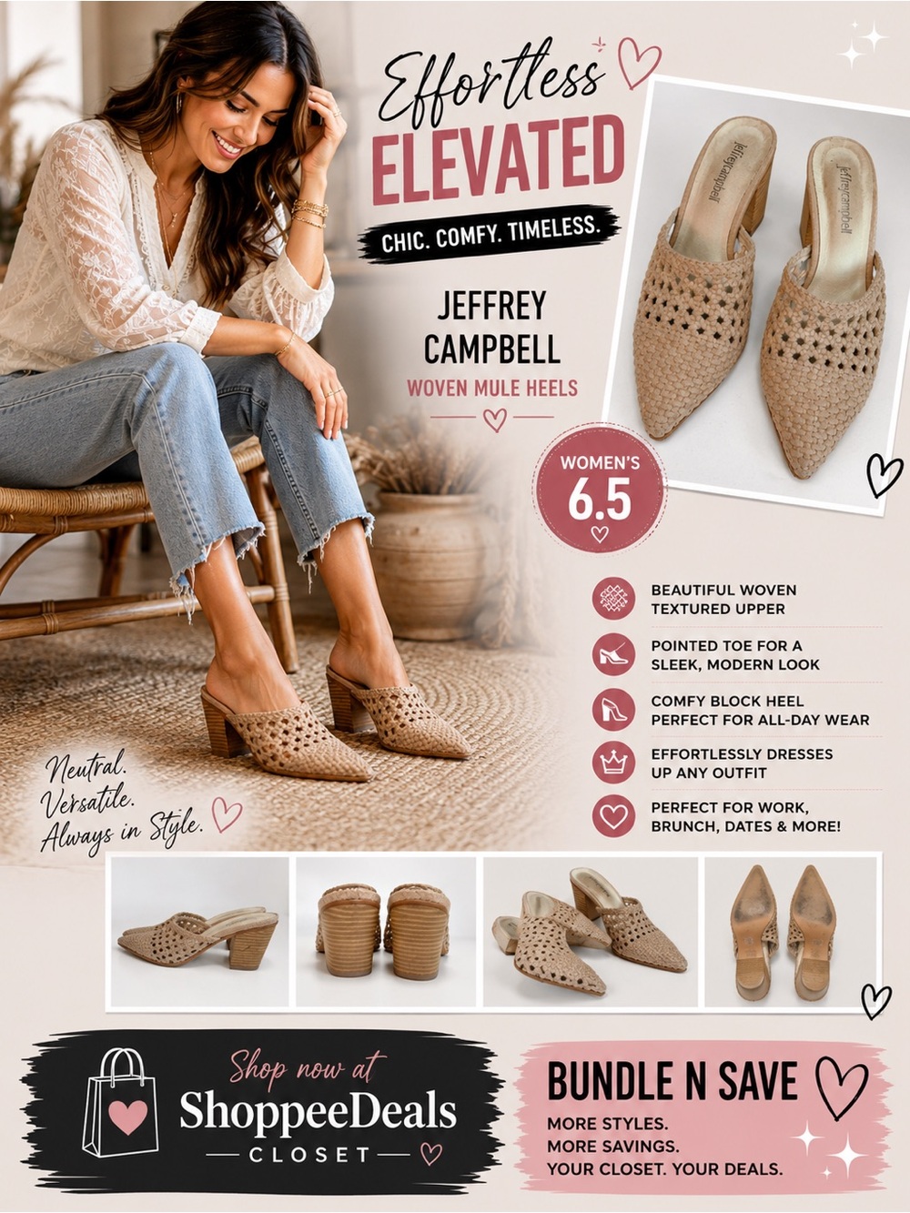 Jeffrey Campbell Woven Pointed Toe Mule Heels – Beige/Nude – Women’s 6.5
